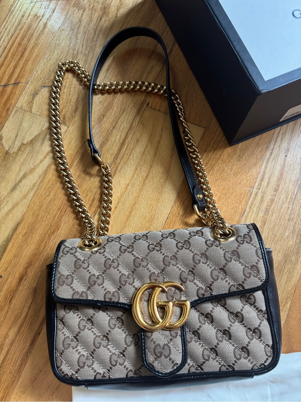 Authentic GUCCI Monogram Matelasse Mini GG Marmont in Beige and Ebony - Picture 2 of 6